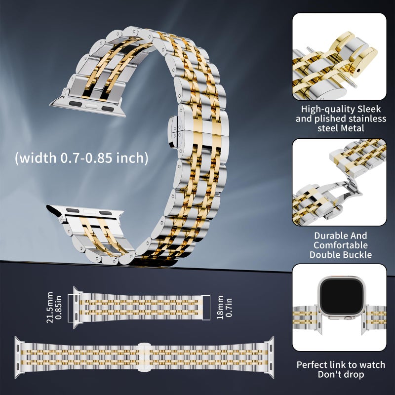 HUANLONG Solid Stainless Steel Band Compatible with Apple Watch 49mm 46mm 45mm 44mm 42mm 41mm 40mm 38mm, Metal Strap for iWatch Series Ultra/Ultra2/10/9/8/7/6/5/4/3/2/1 SE Women and Men (LS 38mm/40mm/41mm Silver/Gold) - Image 2